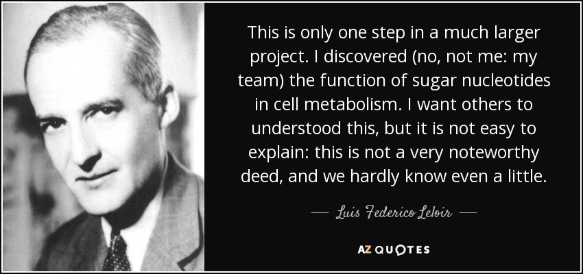 This is only one step in a much larger project. I discovered (no, not me: my team) the function of sugar nucleotides in cell metabolism. I want others to understood this, but it is not easy to explain: this is not a very noteworthy deed, and we hardly know even a little. - Luis Federico Leloir