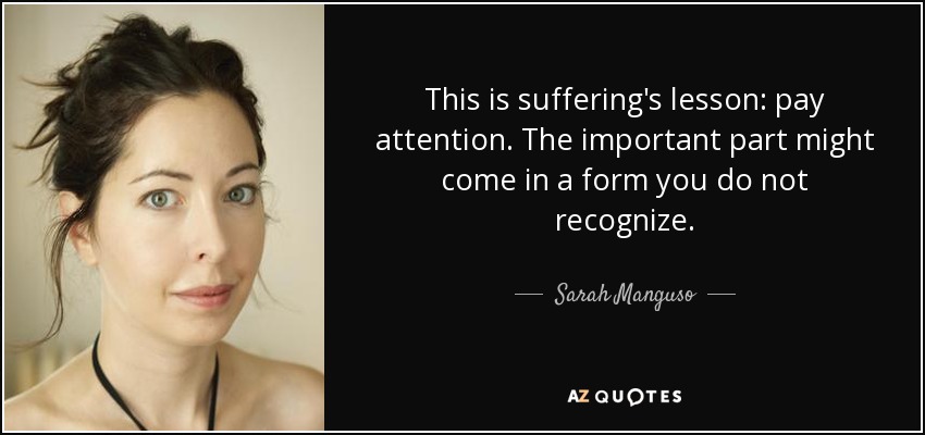 This is suffering's lesson: pay attention. The important part might come in a form you do not recognize. - Sarah Manguso