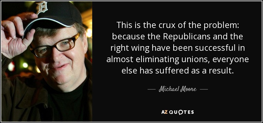 This is the crux of the problem: because the Republicans and the right wing have been successful in almost eliminating unions, everyone else has suffered as a result. - Michael Moore