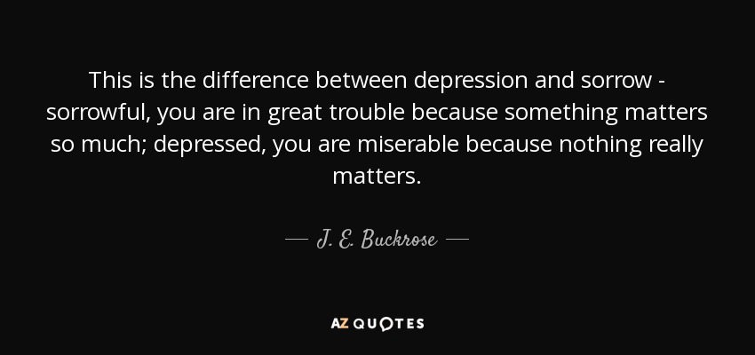 This is the difference between depression and sorrow - sorrowful, you are in great trouble because something matters so much; depressed, you are miserable because nothing really matters. - J. E. Buckrose