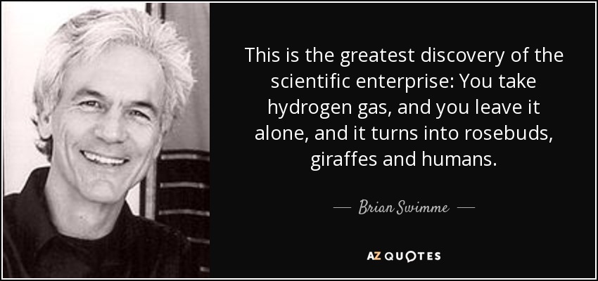 This is the greatest discovery of the scientific enterprise: You take hydrogen gas, and you leave it alone, and it turns into rosebuds, giraffes and humans. - Brian Swimme