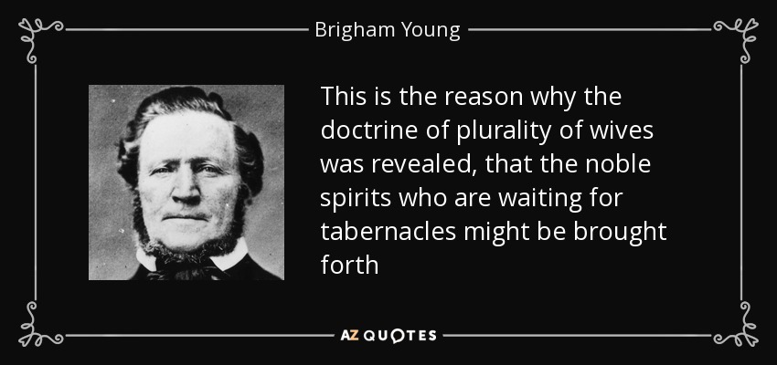 This is the reason why the doctrine of plurality of wives was revealed, that the noble spirits who are waiting for tabernacles might be brought forth - Brigham Young