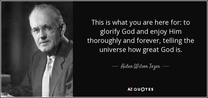 This is what you are here for: to glorify God and enjoy Him thoroughly and forever, telling the universe how great God is. - Aiden Wilson Tozer