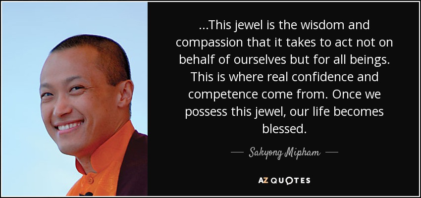 ...This jewel is the wisdom and compassion that it takes to act not on behalf of ourselves but for all beings. This is where real confidence and competence come from. Once we possess this jewel, our life becomes blessed. - Sakyong Mipham