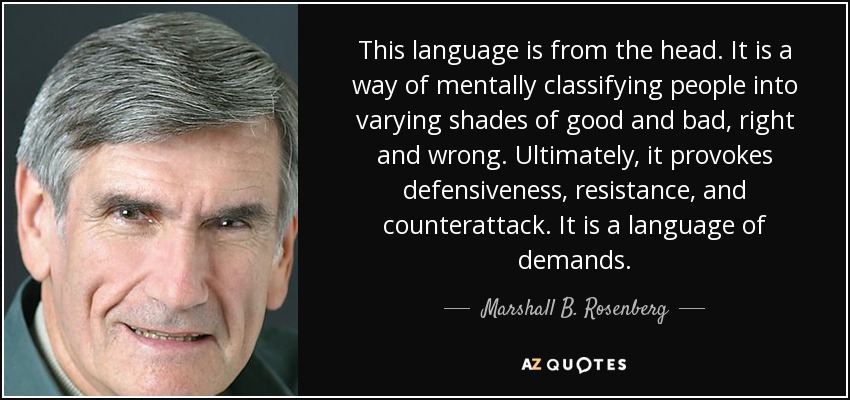 This language is from the head. It is a way of mentally classifying people into varying shades of good and bad, right and wrong. Ultimately, it provokes defensiveness, resistance, and counterattack. It is a language of demands. - Marshall B. Rosenberg