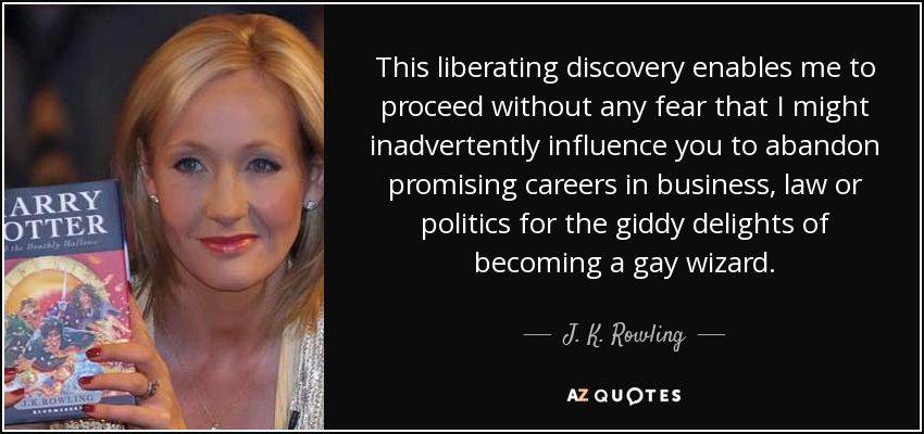 This liberating discovery enables me to proceed without any fear that I might inadvertently influence you to abandon promising careers in business, law or politics for the giddy delights of becoming a gay wizard. - J. K. Rowling