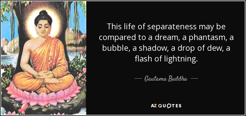 This life of separateness may be compared to a dream, a phantasm, a bubble, a shadow, a drop of dew, a flash of lightning. - Gautama Buddha