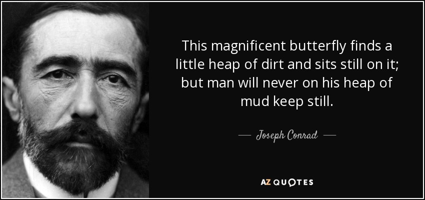 This magnificent butterfly finds a little heap of dirt and sits still on it; but man will never on his heap of mud keep still. - Joseph Conrad