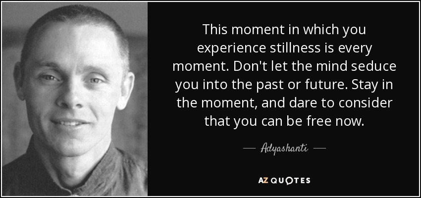 This moment in which you experience stillness is every moment. Don't let the mind seduce you into the past or future. Stay in the moment, and dare to consider that you can be free now. - Adyashanti