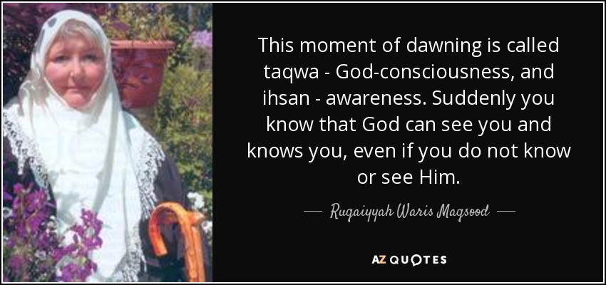 This moment of dawning is called taqwa - God-consciousness, and ihsan - awareness. Suddenly you know that God can see you and knows you, even if you do not know or see Him. - Ruqaiyyah Waris Maqsood