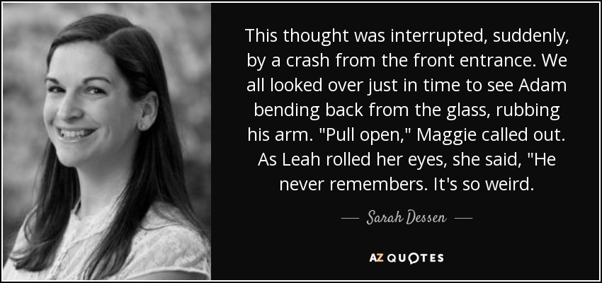 This thought was interrupted, suddenly, by a crash from the front entrance. We all looked over just in time to see Adam bending back from the glass, rubbing his arm. 