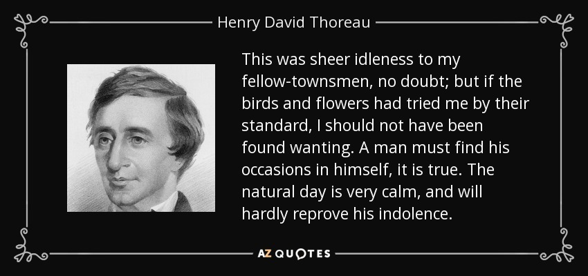 This was sheer idleness to my fellow-townsmen, no doubt; but if the birds and flowers had tried me by their standard, I should not have been found wanting. A man must find his occasions in himself, it is true. The natural day is very calm, and will hardly reprove his indolence. - Henry David Thoreau
