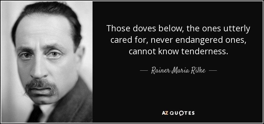 Those doves below, the ones utterly cared for, never endangered ones, cannot know tenderness. - Rainer Maria Rilke