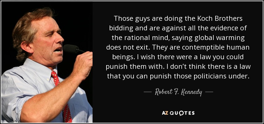 Those guys are doing the Koch Brothers bidding and are against all the evidence of the rational mind, saying global warming does not exit. They are contemptible human beings. I wish there were a law you could punish them with. I don’t think there is a law that you can punish those politicians under. - Robert F. Kennedy, Jr.