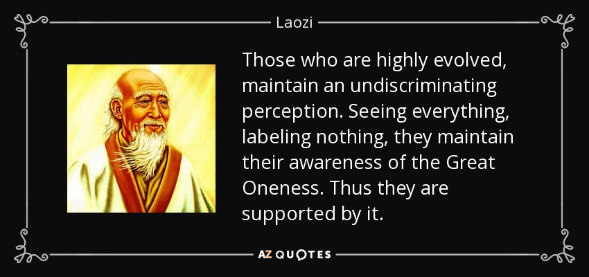 Those who are highly evolved, maintain an undiscriminating perception. Seeing everything, labeling nothing, they maintain their awareness of the Great Oneness. Thus they are supported by it. - Laozi