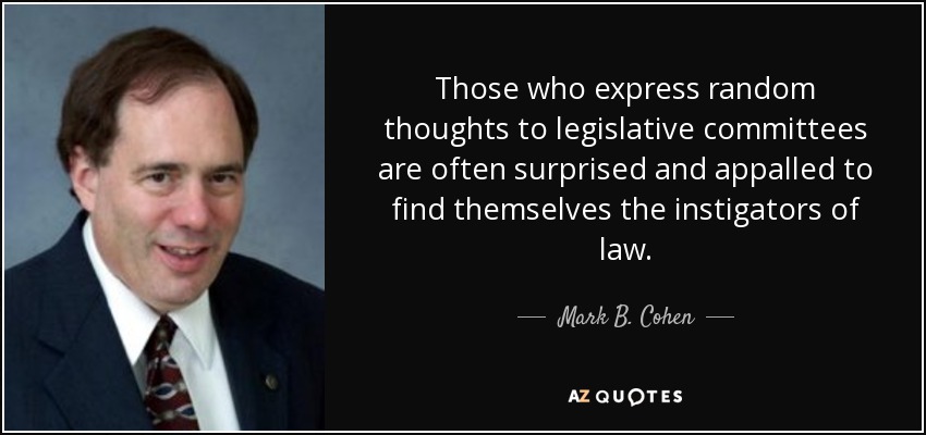 Those who express random thoughts to legislative committees are often surprised and appalled to find themselves the instigators of law. - Mark B. Cohen