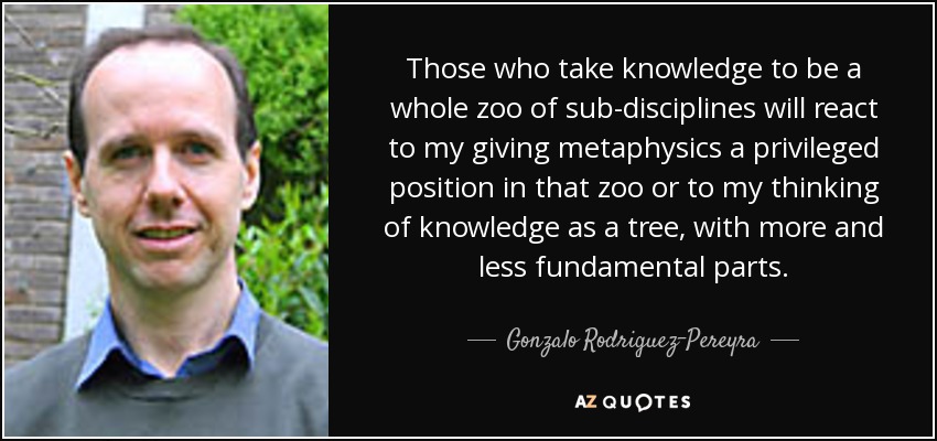 Those who take knowledge to be a whole zoo of sub-disciplines will react to my giving metaphysics a privileged position in that zoo or to my thinking of knowledge as a tree, with more and less fundamental parts. - Gonzalo Rodriguez-Pereyra