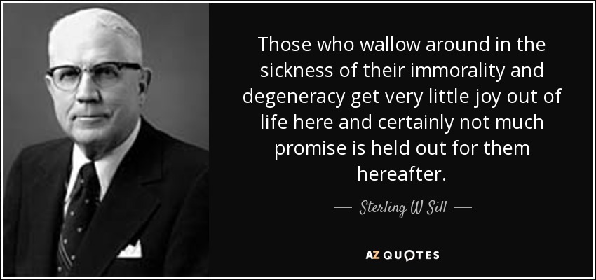 Those who wallow around in the sickness of their immorality and degeneracy get very little joy out of life here and certainly not much promise is held out for them hereafter. - Sterling W Sill