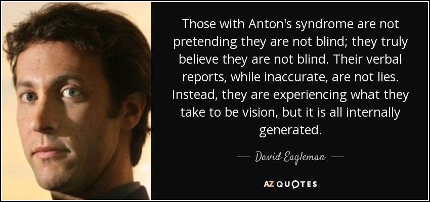 Those with Anton's syndrome are not pretending they are not blind; they truly believe they are not blind. Their verbal reports, while inaccurate, are not lies. Instead, they are experiencing what they take to be vision, but it is all internally generated. - David Eagleman