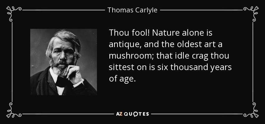 Thou fool! Nature alone is antique, and the oldest art a mushroom; that idle crag thou sittest on is six thousand years of age. - Thomas Carlyle