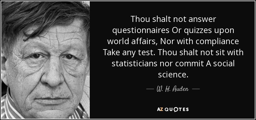 Thou shalt not answer questionnaires Or quizzes upon world affairs, Nor with compliance Take any test. Thou shalt not sit with statisticians nor commit A social science. - W. H. Auden