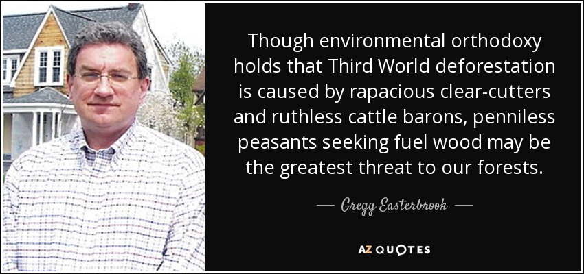 Though environmental orthodoxy holds that Third World deforestation is caused by rapacious clear-cutters and ruthless cattle barons, penniless peasants seeking fuel wood may be the greatest threat to our forests. - Gregg Easterbrook