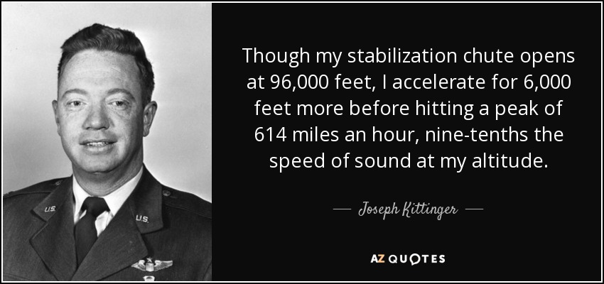 Though my stabilization chute opens at 96,000 feet, I accelerate for 6,000 feet more before hitting a peak of 614 miles an hour, nine-tenths the speed of sound at my altitude. - Joseph Kittinger