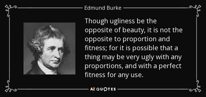 Though ugliness be the opposite of beauty, it is not the opposite to proportion and fitness; for it is possible that a thing may be very ugly with any proportions, and with a perfect fitness for any use. - Edmund Burke