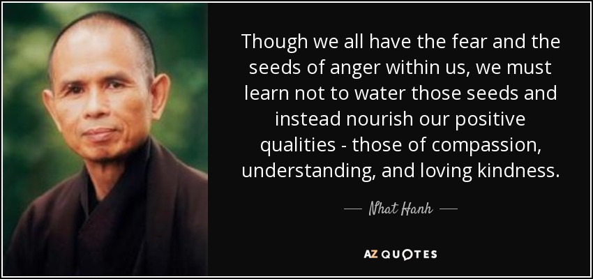 Though we all have the fear and the seeds of anger within us, we must learn not to water those seeds and instead nourish our positive qualities - those of compassion, understanding, and loving kindness. - Nhat Hanh