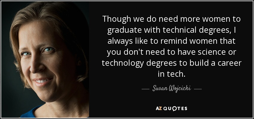 Though we do need more women to graduate with technical degrees, I always like to remind women that you don't need to have science or technology degrees to build a career in tech. - Susan Wojcicki