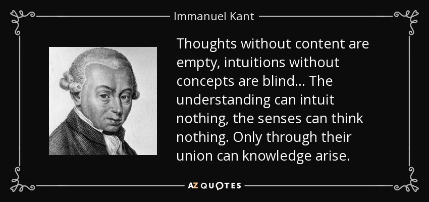 Thoughts without content are empty, intuitions without concepts are blind... The understanding can intuit nothing, the senses can think nothing. Only through their union can knowledge arise. - Immanuel Kant