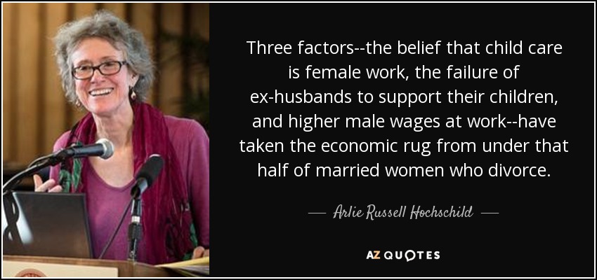 Three factors--the belief that child care is female work, the failure of ex-husbands to support their children, and higher male wages at work--have taken the economic rug from under that half of married women who divorce. - Arlie Russell Hochschild