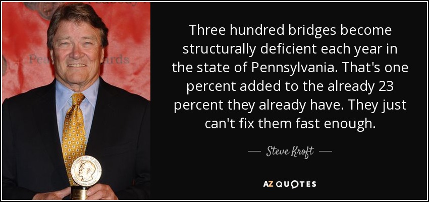 Three hundred bridges become structurally deficient each year in the state of Pennsylvania. That's one percent added to the already 23 percent they already have. They just can't fix them fast enough. - Steve Kroft