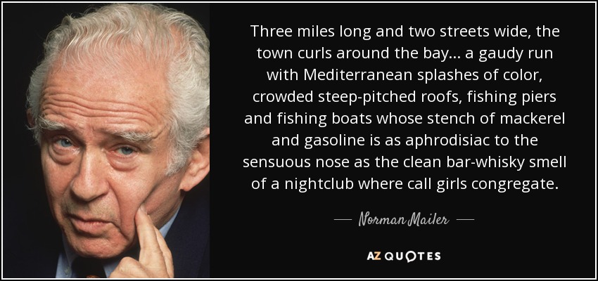 Three miles long and two streets wide, the town curls around the bay ... a gaudy run with Mediterranean splashes of color, crowded steep-pitched roofs, fishing piers and fishing boats whose stench of mackerel and gasoline is as aphrodisiac to the sensuous nose as the clean bar-whisky smell of a nightclub where call girls congregate. - Norman Mailer