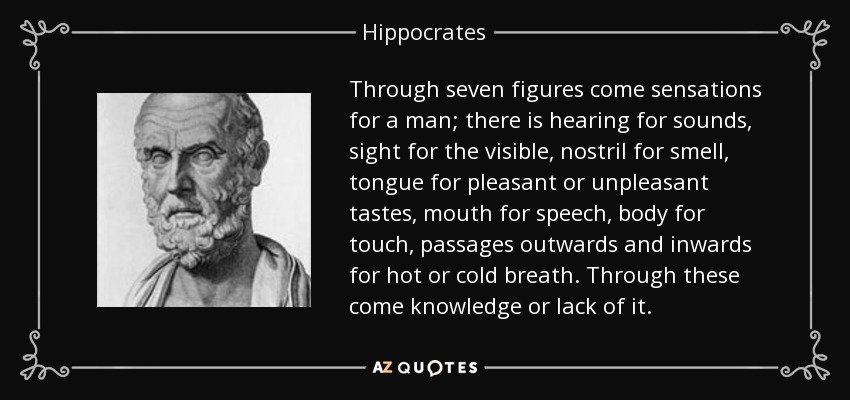 Through seven figures come sensations for a man; there is hearing for sounds, sight for the visible, nostril for smell, tongue for pleasant or unpleasant tastes, mouth for speech, body for touch, passages outwards and inwards for hot or cold breath. Through these come knowledge or lack of it. - Hippocrates