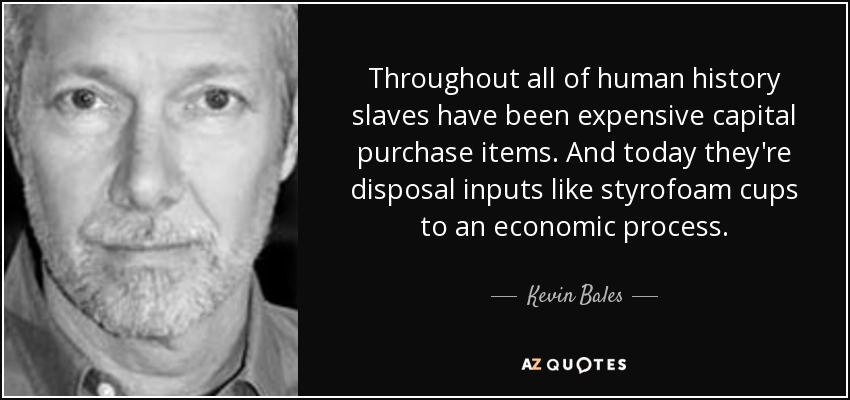 Throughout all of human history slaves have been expensive capital purchase items. And today they're disposal inputs like styrofoam cups to an economic process. - Kevin Bales