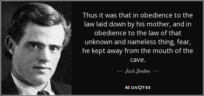 Thus it was that in obedience to the law laid down by his mother, and in obedience to the law of that unknown and nameless thing, fear, he kept away from the mouth of the cave. - Jack London