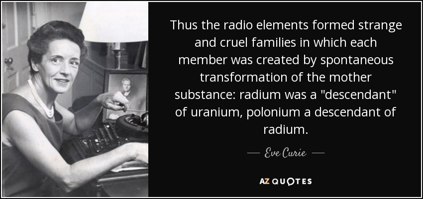 Thus the radio elements formed strange and cruel families in which each member was created by spontaneous transformation of the mother substance: radium was a 