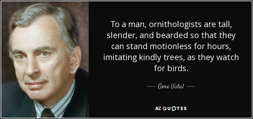 To a man, ornithologists are tall, slender, and bearded so that they can stand motionless for hours, imitating kindly trees, as they watch for birds. - Gore Vidal