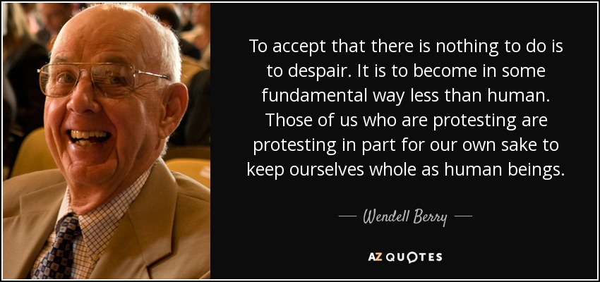 To accept that there is nothing to do is to despair. It is to become in some fundamental way less than human. Those of us who are protesting are protesting in part for our own sake to keep ourselves whole as human beings. - Wendell Berry