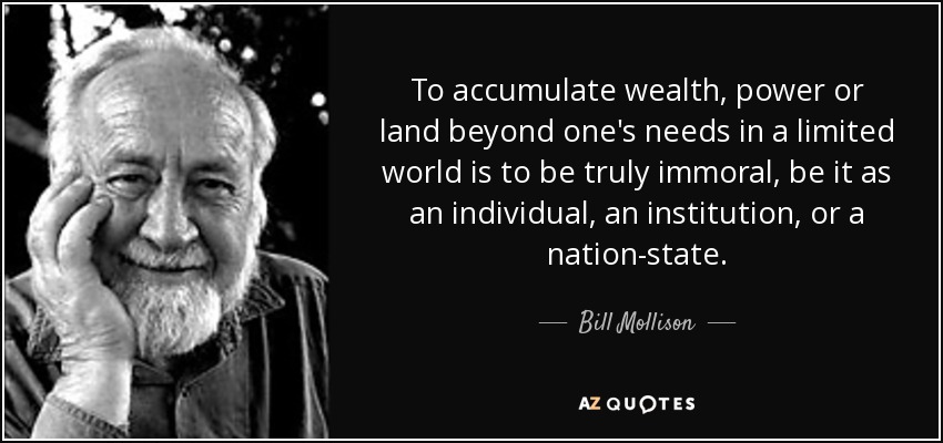To accumulate wealth, power or land beyond one's needs in a limited world is to be truly immoral, be it as an individual, an institution, or a nation-state. - Bill Mollison