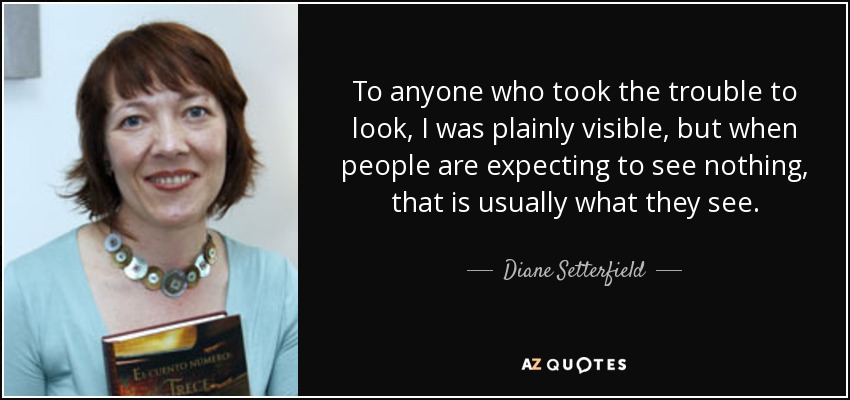 To anyone who took the trouble to look, I was plainly visible, but when people are expecting to see nothing, that is usually what they see. - Diane Setterfield