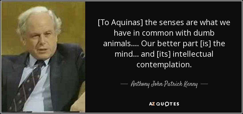 [To Aquinas] the senses are what we have in common with dumb animals. ... Our better part [is] the mind ... and [its] intellectual contemplation. - Anthony John Patrick Kenny