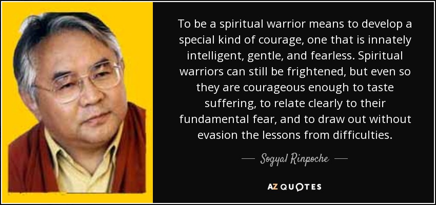 To be a spiritual warrior means to develop a special kind of courage, one that is innately intelligent, gentle, and fearless. Spiritual warriors can still be frightened, but even so they are courageous enough to taste suffering, to relate clearly to their fundamental fear, and to draw out without evasion the lessons from difficulties. - Sogyal Rinpoche