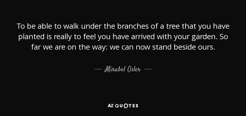 To be able to walk under the branches of a tree that you have planted is really to feel you have arrived with your garden. So far we are on the way: we can now stand beside ours. - Mirabel Osler