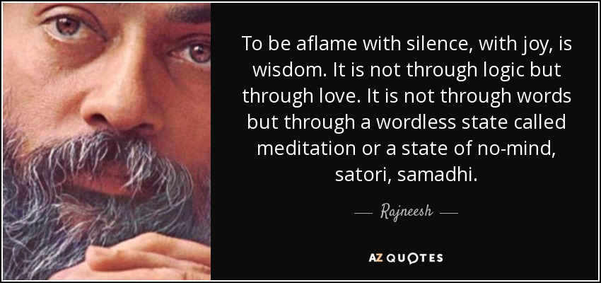 To be aflame with silence, with joy, is wisdom. It is not through logic but through love. It is not through words but through a wordless state called meditation or a state of no-mind, satori, samadhi. - Rajneesh