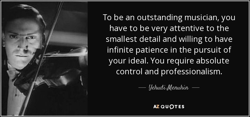 To be an outstanding musician, you have to be very attentive to the smallest detail and willing to have infinite patience in the pursuit of your ideal. You require absolute control and professionalism. - Yehudi Menuhin