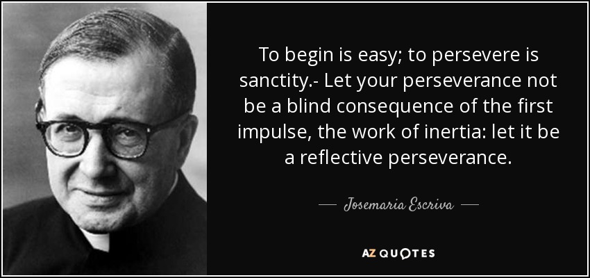 To begin is easy; to persevere is sanctity.- Let your perseverance not be a blind consequence of the first impulse, the work of inertia: let it be a reflective perseverance. - Josemaria Escriva