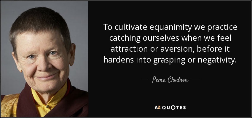 To cultivate equanimity we practice catching ourselves when we feel attraction or aversion, before it hardens into grasping or negativity. - Pema Chodron