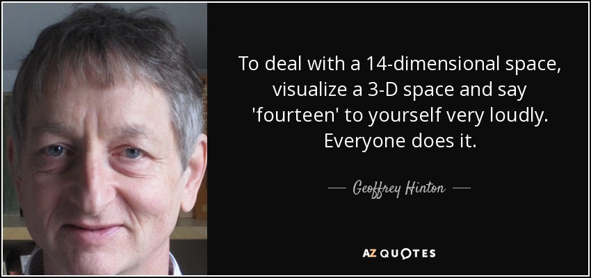 To deal with a 14-dimensional space, visualize a 3-D space and say 'fourteen' to yourself very loudly. Everyone does it. - Geoffrey Hinton